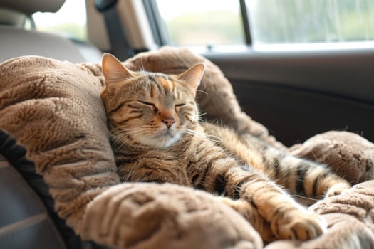 A cat lounging in a cozy car seat on a road trip photo