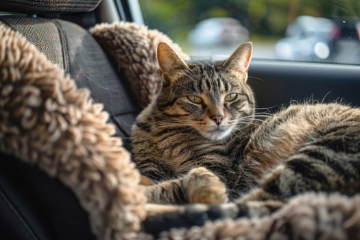 A cat lounging in a cozy car seat on a road trip photo