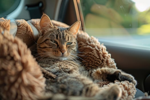 A cat lounging in a cozy car seat on a road trip photo
