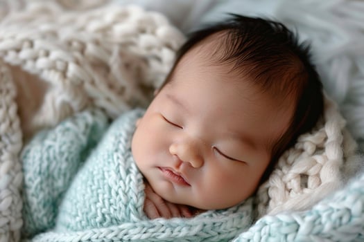 A swaddled newborn baby of Asian descent sleeping peacefully photo