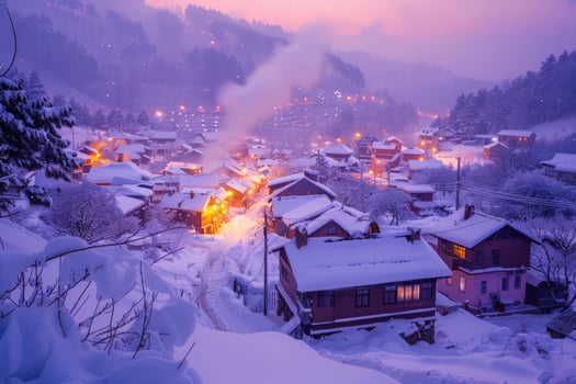 A snow-covered village at twilight with colorful lights photo
