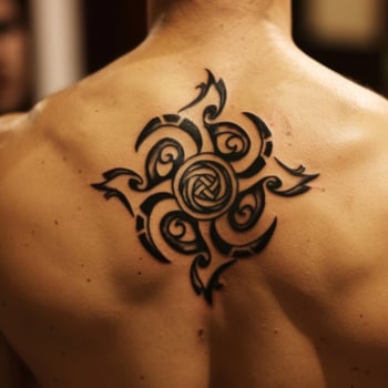 Man showing his new black ink tribal tattoo photo