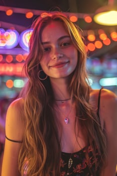 Young Woman Smiles at Camera in Neon-Lit Nightclub photo