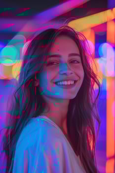 Woman Smiling In Neon Light photo