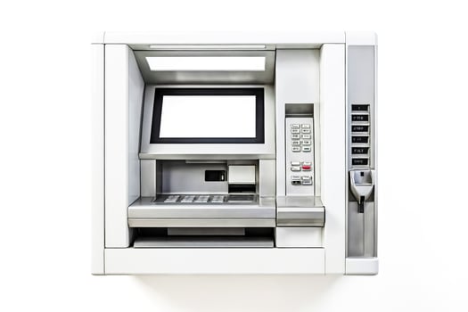 Modern ATM Machine with Blank Screen Isolated on White Background photo