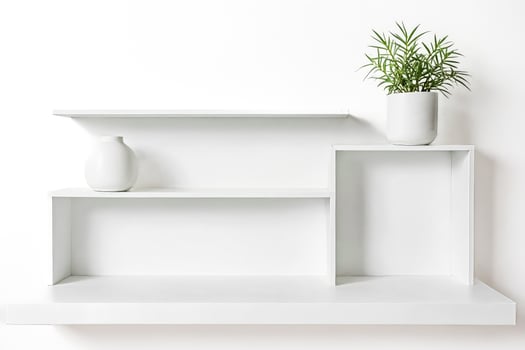Empty white shelves with a potted plant photo