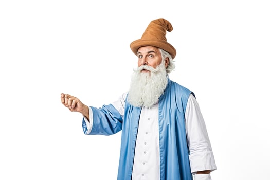 Senior man in a wizard hat points to the left photo