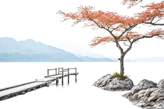 Tranquil Lakeside Scene with Wooden Pier and Mountain Views photo