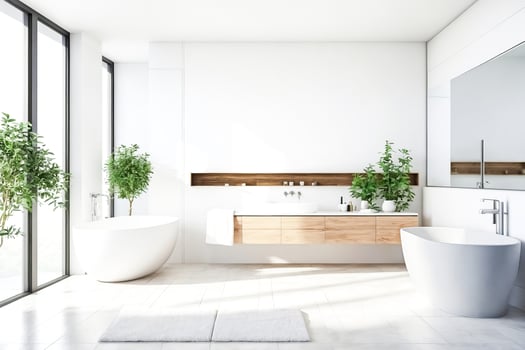 Modern White Bathroom with Freestanding Tub and Wood Accents photo
