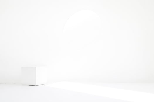 Minimalist White Room with Circular Window and Cube Platform photo