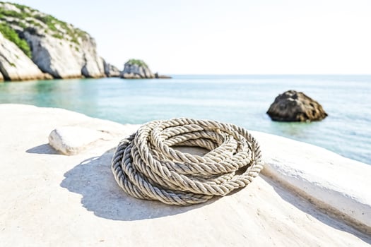 Rope on a White Rock with a Blurry Ocean Background photo