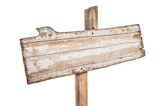 Old weathered wooden sign isolated on white photo