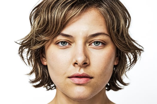 Close Up Portrait of Woman with Short Brown Hair and Blue Eyes photo