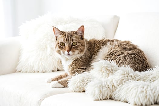 Fluffy Cat Relaxing on a White Couch photo