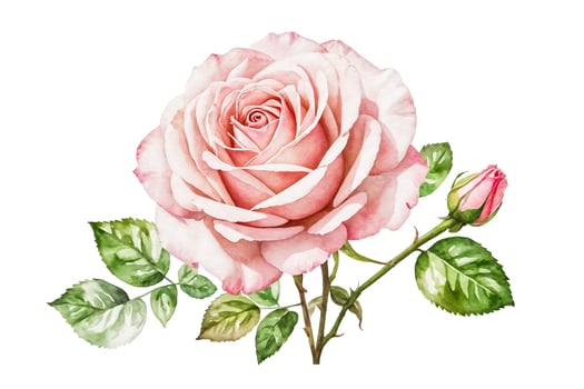 Watercolor Pink Rose with Bud and Leaves photo