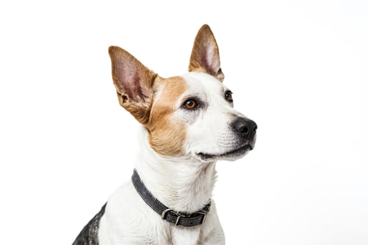 White and brown dog with a black collar looking to the right on a white background photo