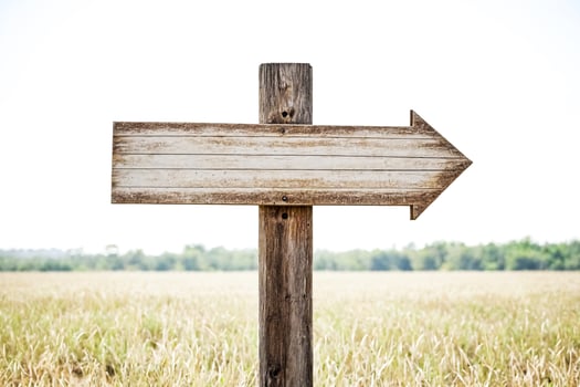Wooden arrow sign in field photo