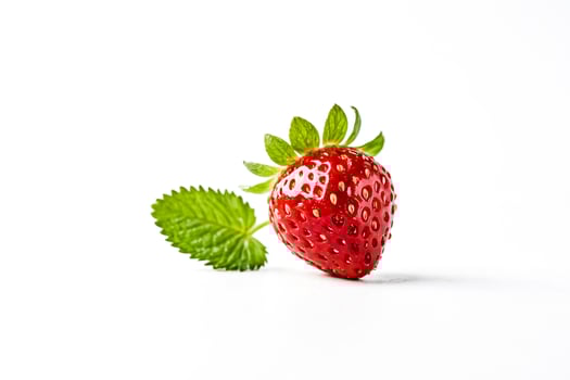 Closeup of a Single Strawberry with Green Leaves on a White Background photo