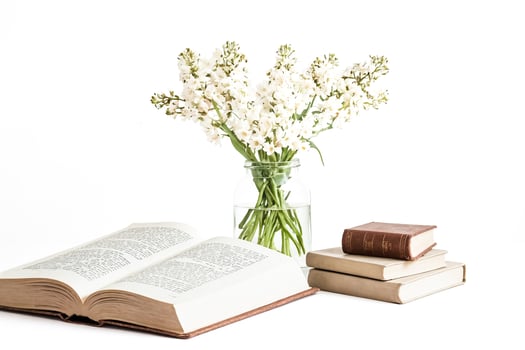 White Flowers and Open Book photo