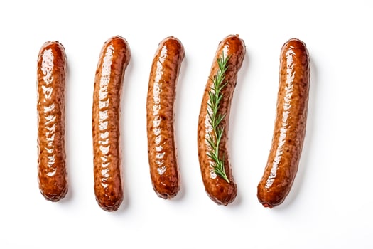 Roasted sausages with rosemary isolated on white background photo