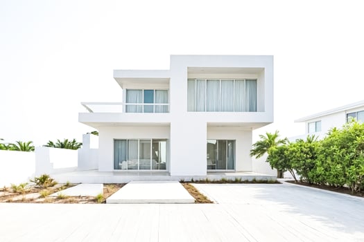 Minimalist White Modern House with Wooden Deck and Lush Greenery photo