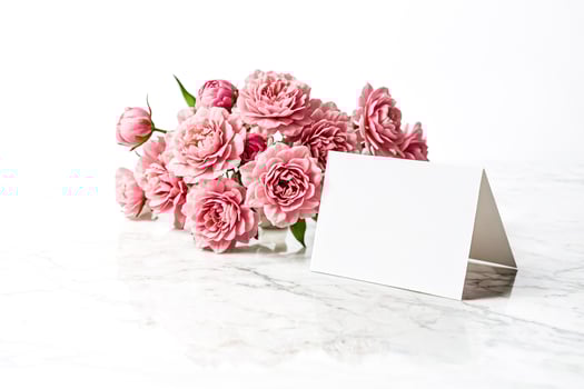 Pink roses and white card on marble surface photo