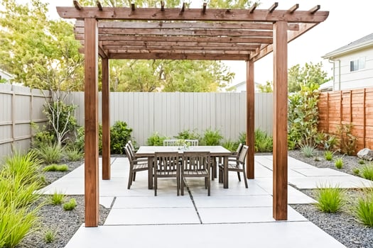 Wooden pergola over patio table and chairs photo