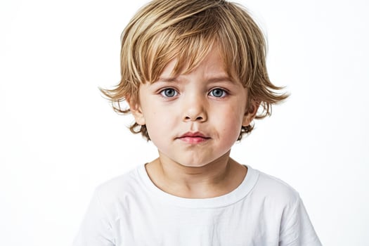Young boy with blonde hair and blue eyes looking at the camera photo