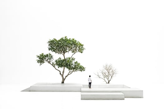 Minimalist Landscape with a Person Standing on a White Platform photo