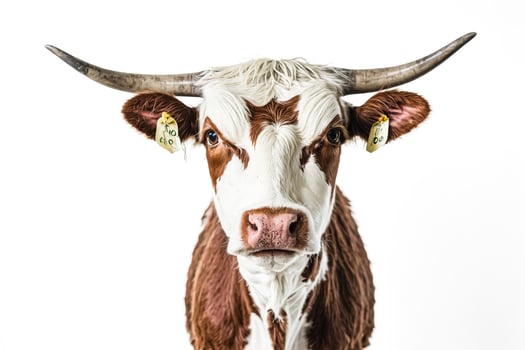 Close-up of a curious brown and white cow with big eyes photo