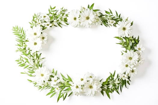 White Flowers and Green Leaves Wreath on White Background photo