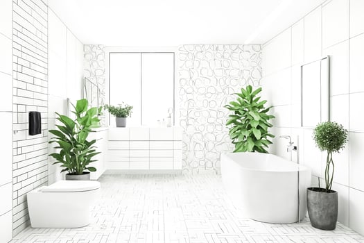 Modern white bathroom with bathtub, toilet, plants, and patterned tiles photo
