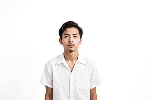 Young Asian Man in White Shirt Looking at Camera photo