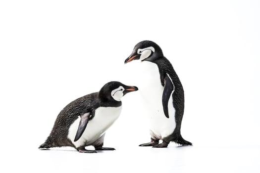 Two penguins looking at each other on a white background photo