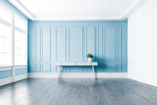 Minimalist Interior Design with Blue Wall and White Console Table photo