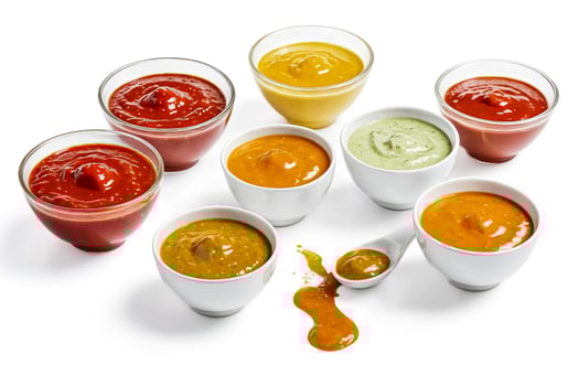 Six Colorful Dipping Sauces in Bowls photo