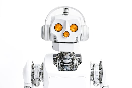 White Robot with Headphones on a White Background photo