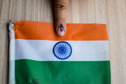 Young voter showing her ink-marked fingers after casting votes near polling booth of east Delhi, India for general Lok Sabha Elections 2024 photo