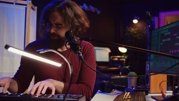 Skilled musician composing a song on piano midi controller, working with mixing console and daw software to record music. Artist singing at microphone, mastering his acoustical notes. Camera B. photo