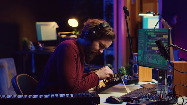 Audio technician mixing and mastering songs on daw software, creating fun atmosphere with acoustics and amplifier. Sound designer recording tunes on dj panel board in his home studio. Camera A. photo