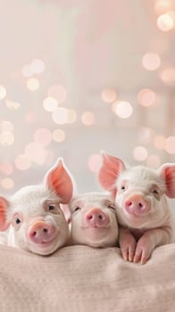 Three pigs are sitting on a bed with their heads together photo
