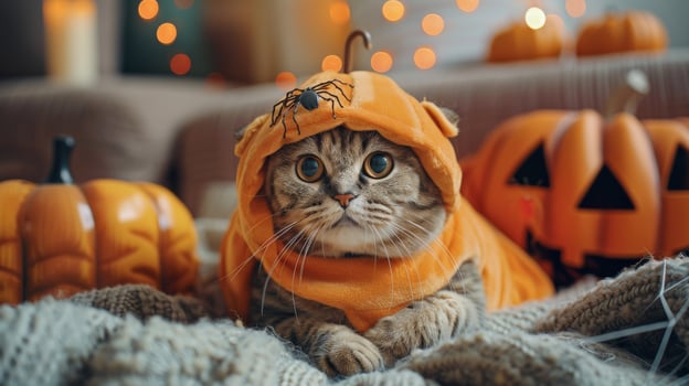 A chubby cat in an orange pumpkin Halloween costume on a cozy blanket in a living room with pumpkins photo