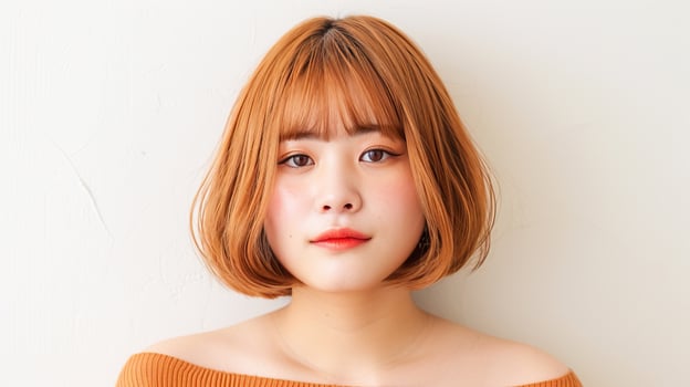 Portrait of a young woman with a short auburn bob and bangs, wearing a brown top, set against a white background. photo