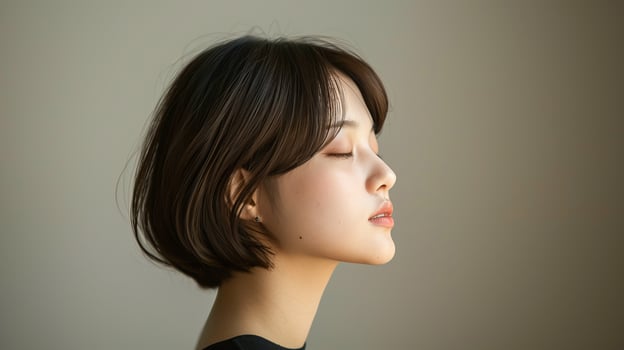 Side profile of a woman with short hair and closed eyes, exuding a sense of tranquility and calmness in soft lighting. photo