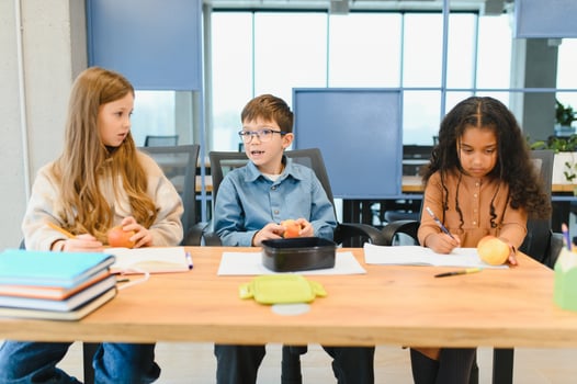 Education is power when selecting food for health. Happy kids take snack break. Nutrition and health education. Healthy eating. Formal education. Private teaching. Education and study photo