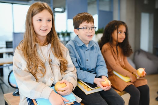 Education is power when selecting food for health. Happy kids take snack break. Nutrition and health education. Healthy eating. Formal education. Private teaching. Education and study photo
