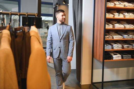 sale, shopping, fashion, style and people concept - elegant young man in suit in mall or clothing store photo