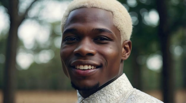 Portrait of handsome African American male albino model, white Afro, fashion and lifestyle, diversity, people background photo