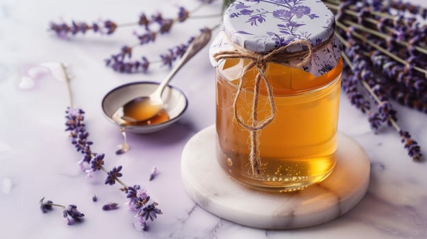 Lavender Infused Honey Jar with Floral Decorations, Ideal for Kitchen Decor, Gift, or Culinary Use photo