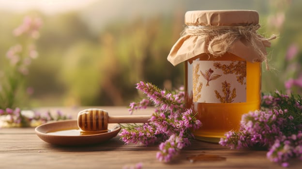 Rustic Heather Honey in Glass Jar on Wooden Table with Honey Dipper and Floral Decorations photo